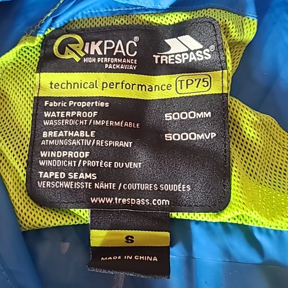 Trespass technical performance Quikpac TP75 rain jacket, size S